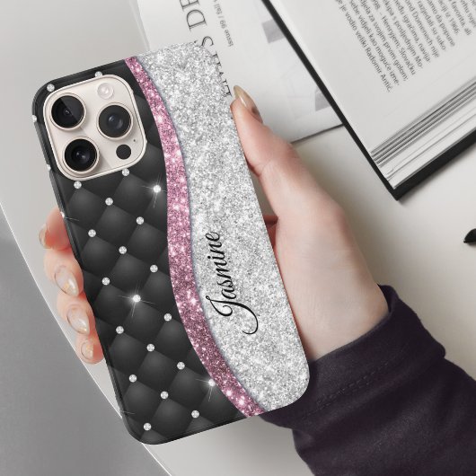 Chic girly faux Silver glitter zwart roze monogram iPhone Hoesje