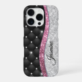 Chic girly faux Silver glitter zwart roze monogram iPhone Hoesje (Achterkant)