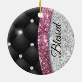 Chic girly faux Silver glitter zwart roze monogram Keramisch Ornament (Achterkant)