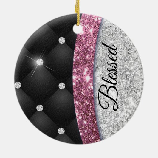 Chic girly faux Silver glitter zwart roze monogram Keramisch Ornament (Achterkant)