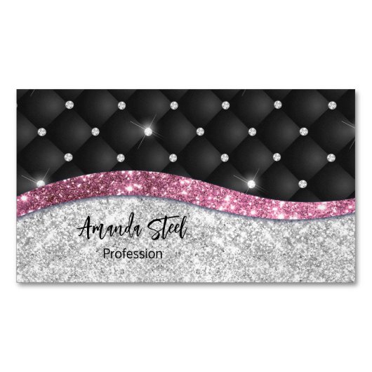Chic girly faux Silver glitter zwart roze monogram Magnetisch Visitekaartje (Voorkant)