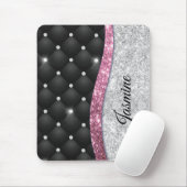 Chic girly faux Silver glitter zwart roze monogram Muismat (Met muis)