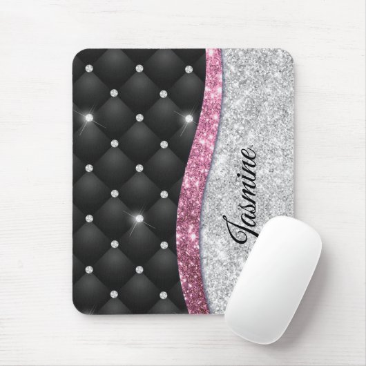 Chic girly faux Silver glitter zwart roze monogram Muismat (Met muis)