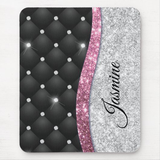 Chic girly faux Silver glitter zwart roze monogram Muismat (Voorkant)