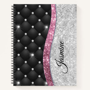 Chic girly faux Silver glitter zwart roze monogram Notitieboek