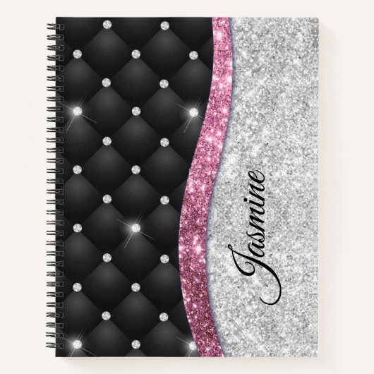 Chic girly faux Silver glitter zwart roze monogram Notitieboek (Voorkant)