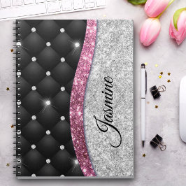 Chic girly faux Silver glitter zwart roze monogram Notitieboek