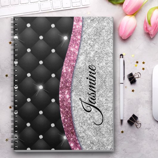 Chic girly faux Silver glitter zwart roze monogram Notitieboek