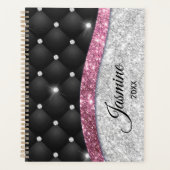 Chic girly faux Silver glitter zwart roze monogram Planner (Voorkant)