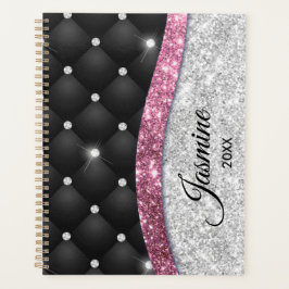 Chic girly faux Silver glitter zwart roze monogram Planner