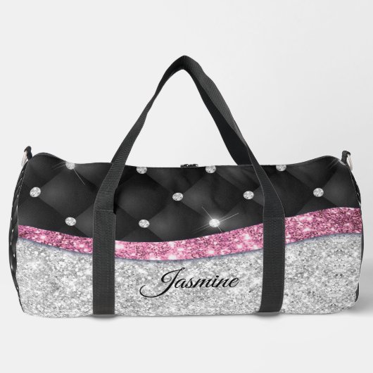 Chic girly faux Silver glitter zwart roze monogram Plunjezak (Voorkant)