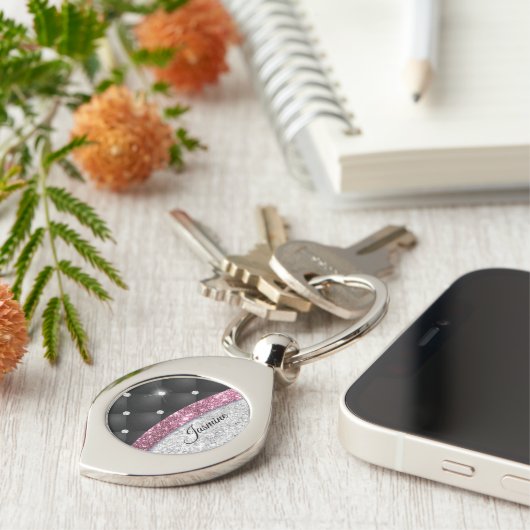 Chic girly faux Silver glitter zwart roze monogram Sleutelhanger (Zijkant)