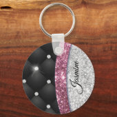 Chic girly faux Silver glitter zwart roze monogram Sleutelhanger (Voorkant)