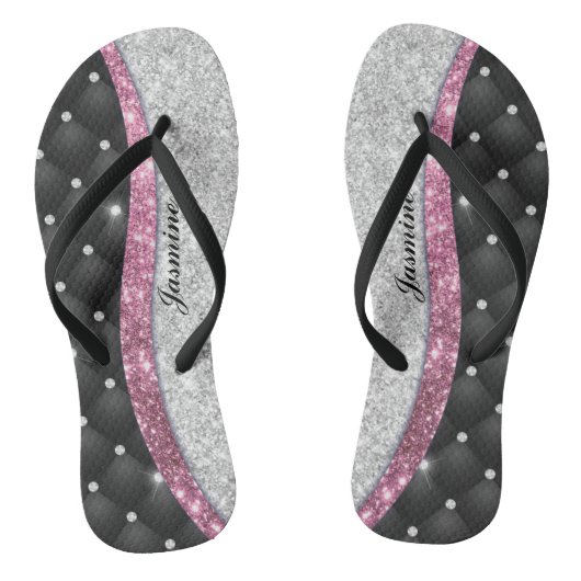 Chic girly faux Silver glitter zwart roze monogram Teenslippers (Voetbed)