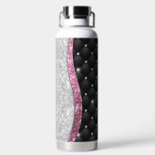 Chic girly faux Silver glitter zwart roze monogram Waterfles (Achterkant)