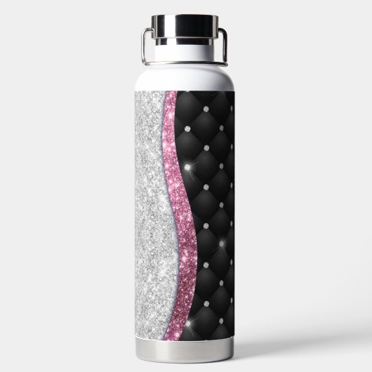Chic girly faux Silver glitter zwart roze monogram Waterfles (Achterkant)