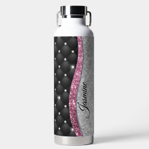 Chic girly faux Silver glitter zwart roze monogram Waterfles
