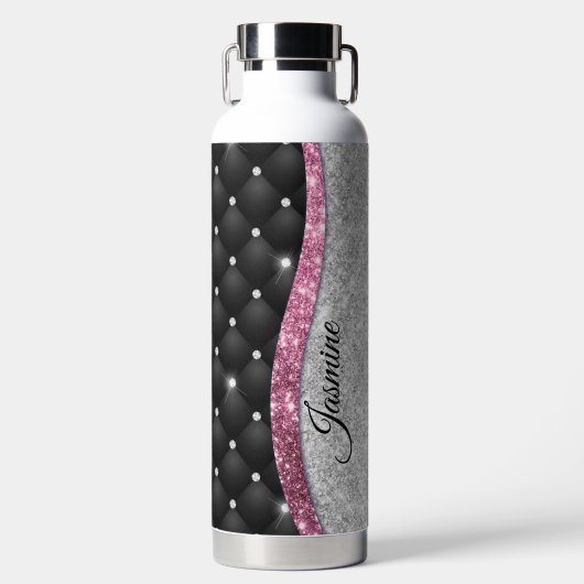 Chic girly faux Silver glitter zwart roze monogram Waterfles (Voorkant)