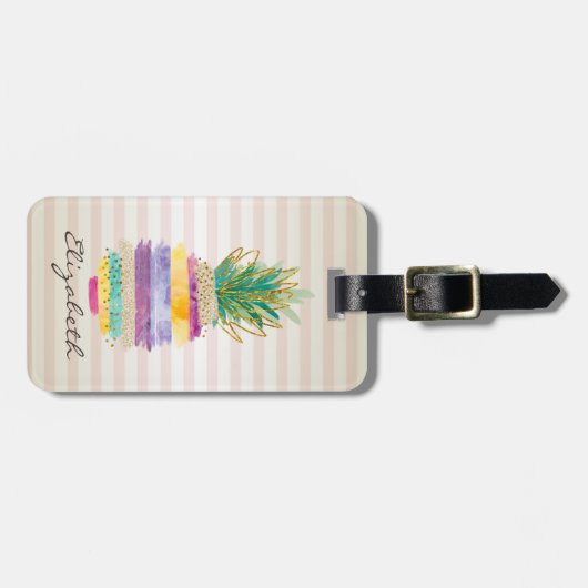 Chic Girly Glitter Pineapple, Stripes Bagagelabel (Voorkant horizontaal)