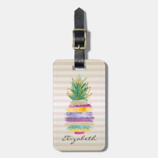 Chic Girly Glitter Pineapple, Stripes Bagagelabel (Voorkant verticaal)