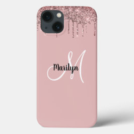 Chic Girly Gold Pink Glitter Drift Monogram Naam D Case-Mate iPhone Case