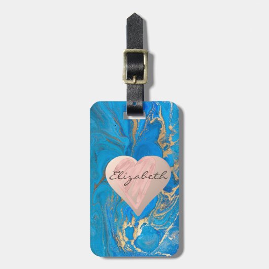 Chic Girly Hearts, Blue Gold Marble - op maat gema Bagagelabel (Voorkant verticaal)