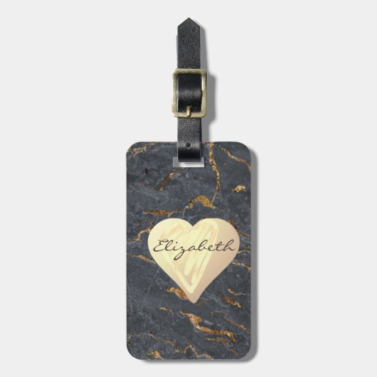 Chic Girly Hearts, Grey Gold Marble Bagagelabel (Voorkant verticaal)
