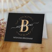 Chic Girly Modern Black Gold Name Script Monogram Bedankkaart