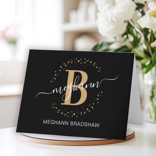 Chic Girly Modern Black Gold Name Script Monogram Bedankkaart