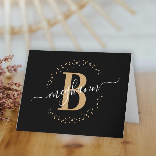 Chic Girly Modern Black Gold Name Script Monogram Bedankkaart