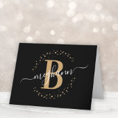 Chic Girly Modern Black Gold Name Script Monogram Bedankkaart