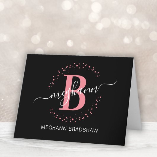 Chic Girly Modern Black Roze Name Script Bedankkaart