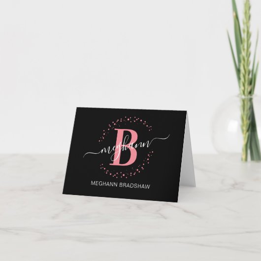 Chic Girly Modern Black Roze Name Script Bedankkaart (Voorkant)