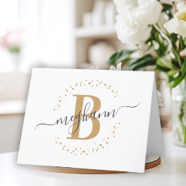 Chic Girly Modern White Gold Name Script Monogram Bedankkaart