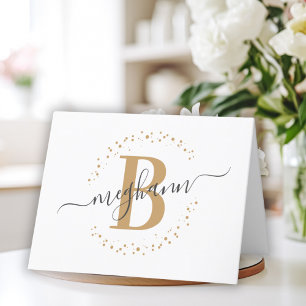 Chic Girly Modern White Gold Name Script Monogram Bedankkaart