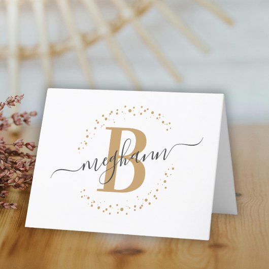 Chic Girly Modern White Gold Name Script Monogram Bedankkaart