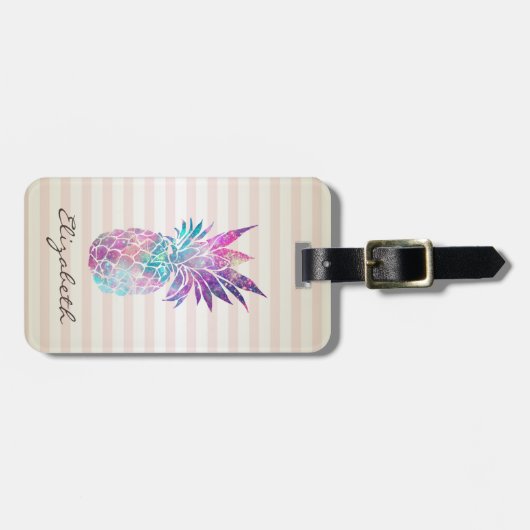 Chic Girly Pineapple, Stripes - Gepersonaliseerd Bagagelabel (Voorkant horizontaal)