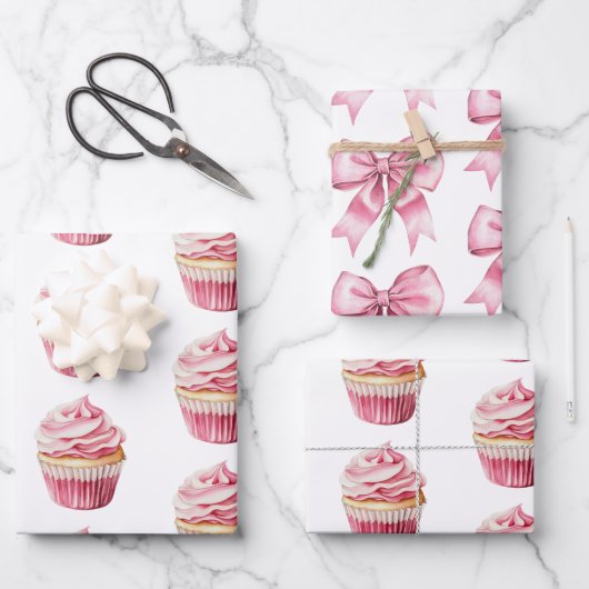 Chic Girly Pink Cupcake Birthday Inpakpapier Vel (Voorkant)