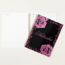 Chic Girly Pink Glitter Roos Black Persoonlijk Planner