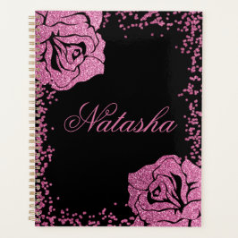 Chic Girly Pink Glitter Roos Black Persoonlijk Planner
