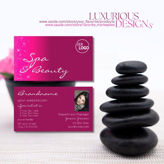 Chic Girly Pink Glitter Stars met Logo en foto Visitekaartje