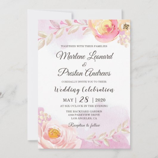 Chic Girly Pink & Gold Floral Waterverf Wedding Kaart (Voorkant)