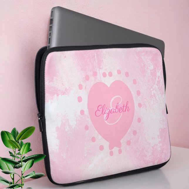 Chic Girly Pink Heart Monogram Initiaal Waterverf Laptop Sleeve (Angled open neoprene laptop case. Laptop not included.)