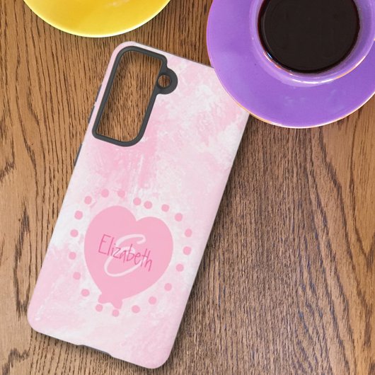 Chic Girly Pink Heart Monogram Initiaal Waterverf Samsung Galaxy Hoesje