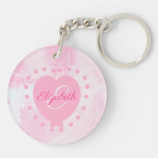 Chic Girly Pink Heart Monogram Initiaal Waterverf Sleutelhanger (Achterkant)