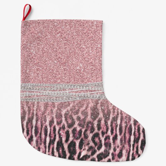 Chic Girly Pink Leopard animal print Glitter Afbee Grote Kerstsok (Voorkant)
