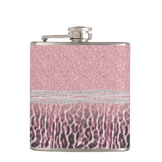 Chic Girly Pink Leopard animal print Glitter Afbee Heupfles