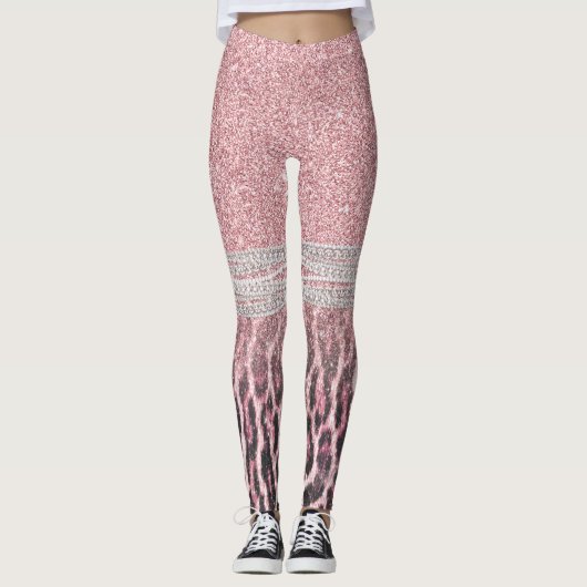 Chic Girly Pink Leopard animal print Glitter Afbee Leggings (Voorkant)