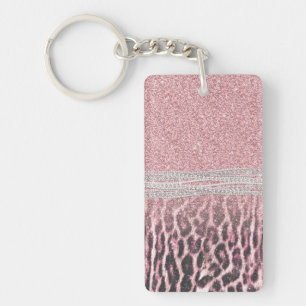 Chic Girly Pink Leopard animal print Glitter Afbee Sleutelhanger