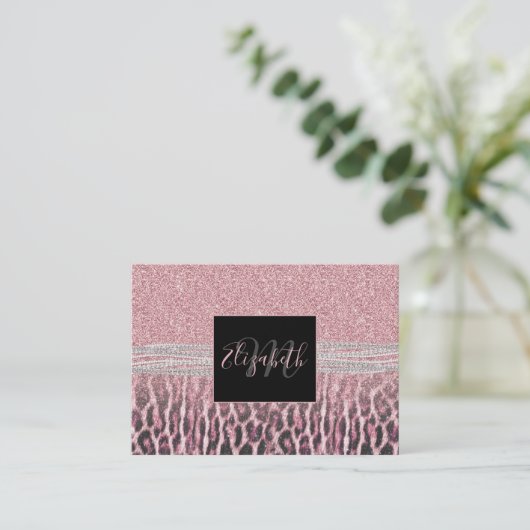 Chic Girly Pink Leopard animal print Glitter Afbee Visitekaartje (Staand voorkant)